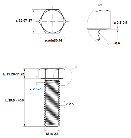 Bulong Mạ Kẽm Trắng Cr3+ 8.8 DIN933 M18x40_drawing
