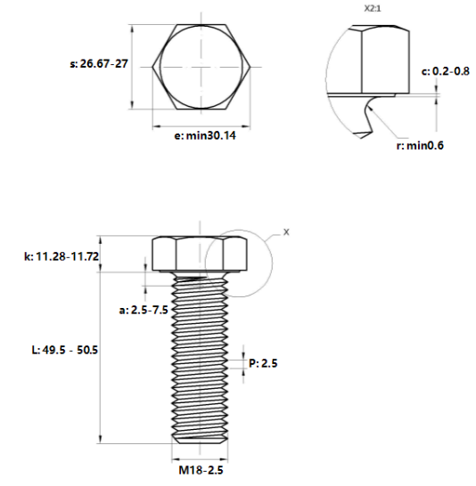 Bulong Mạ Kẽm Trắng Cr3+ 8.8 DIN933 M18x50_drawing