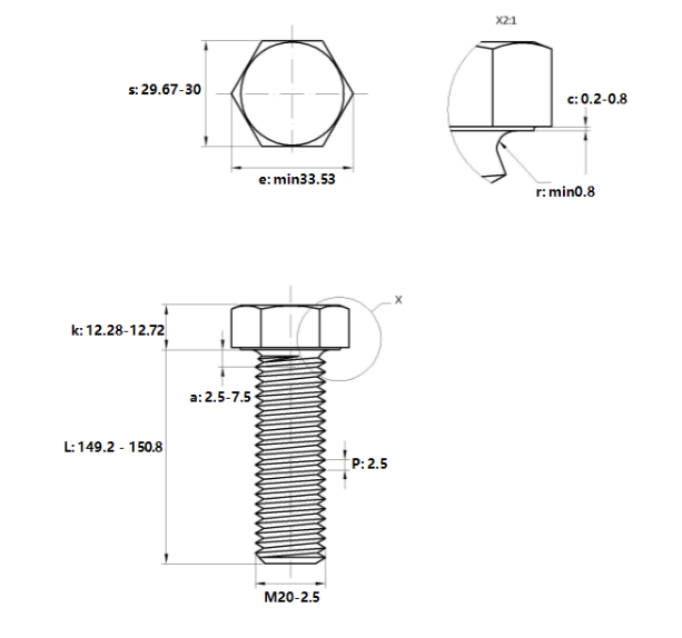 Bulong Mạ Kẽm Trắng Cr3+ 8.8 DIN933 M20x150_drawing