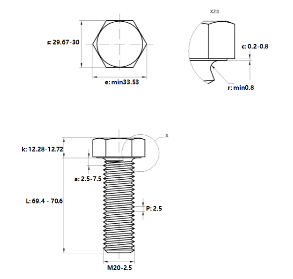 Bulong Mạ Kẽm Trắng Cr3+ 8.8 DIN933 M20x70_drawing