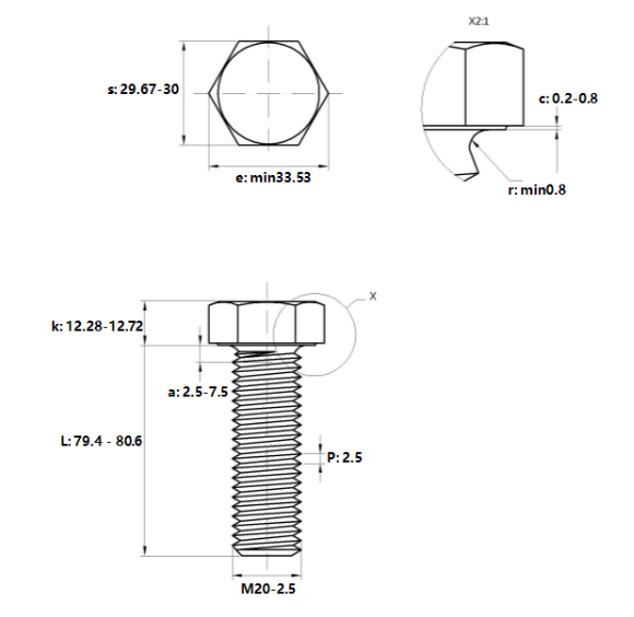 Bulong Mạ Kẽm 8.8 DIN933 M20x80_drawing