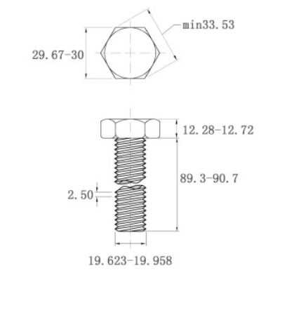Bulong Mạ Kẽm Trắng Cr3+ 8.8 DIN933 M20x90_drawing