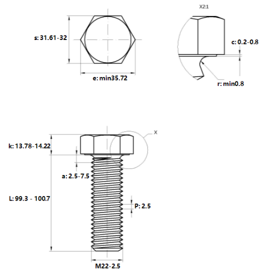 Bulong Mạ Kẽm Trắng Cr3+ 8.8 DIN933 M22x100_drawing