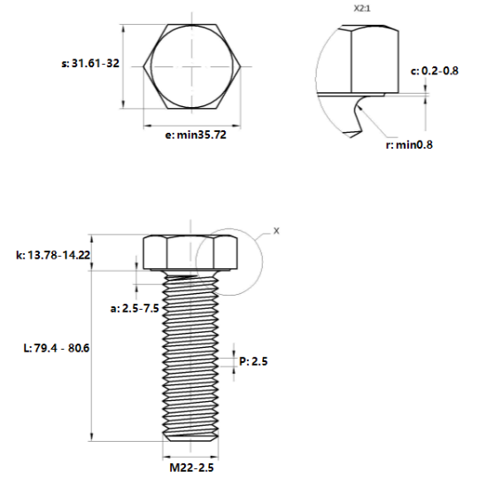Bulong Mạ Kẽm Trắng Cr3+ 8.8 DIN933 M22x80_drawing
