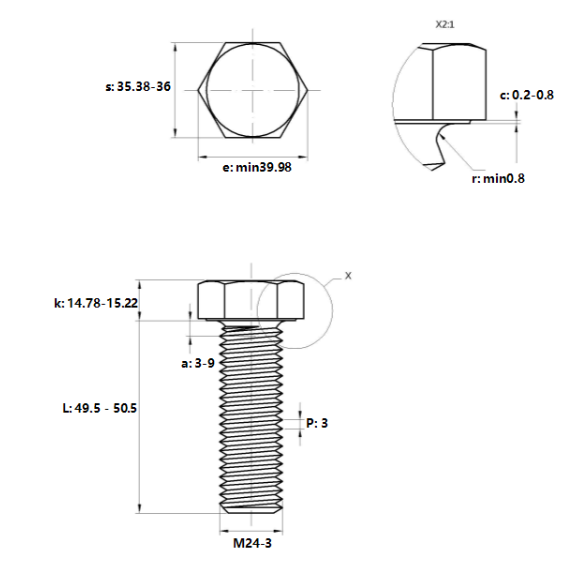 Bulong Mạ Kẽm Trắng Cr3+ 8.8 DIN933 M24x50_drawing