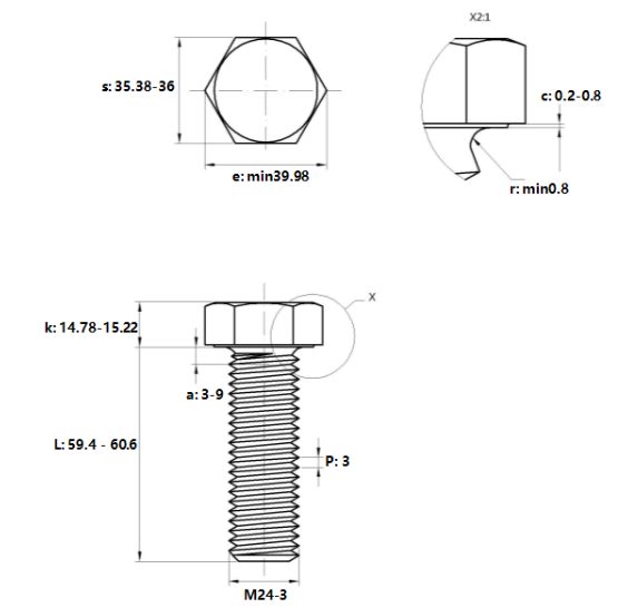 Bulong Mạ Kẽm Trắng Cr3+ 8.8 DIN933 M24x60_drawing