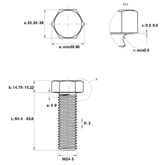 Bulong Inox 316 DIN933 M24x65_drawing