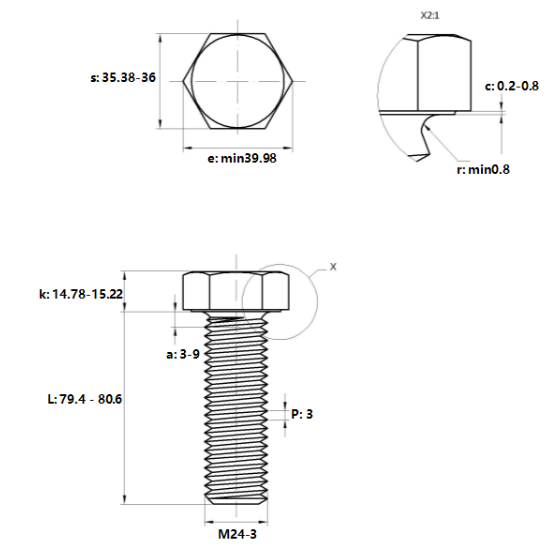 Bulong Mạ Kẽm Trắng Cr3+ 8.8 DIN933 M24x80_drawing