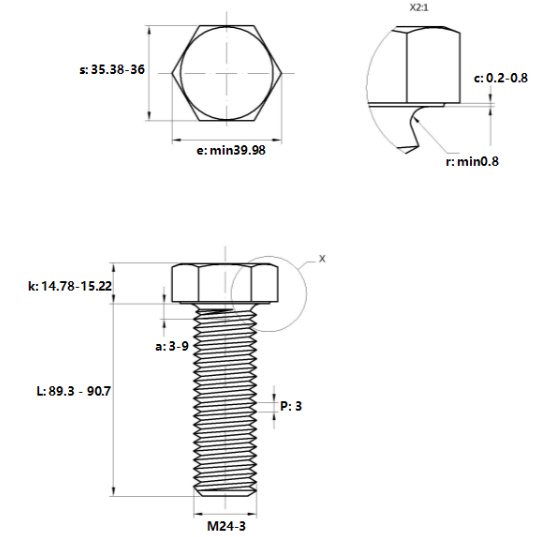 Bulong Mạ Kẽm Trắng Cr3+ 8.8 DIN933 M24x90_drawing