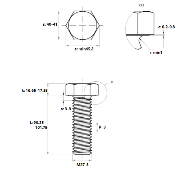 Bulong Mạ Kẽm Trắng Cr3+ 8.8 DIN933 M27x100_drawing