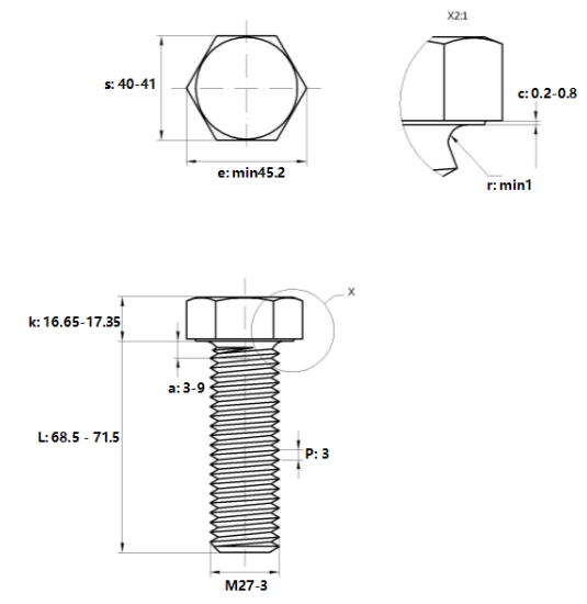 Bulong Mạ Kẽm Trắng Cr3+ 8.8 DIN933 M27x70_drawing
