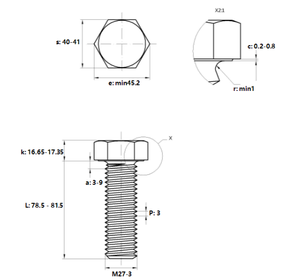 Bulong Mạ Kẽm Trắng Cr3+ 8.8 DIN933 M27x80_drawing