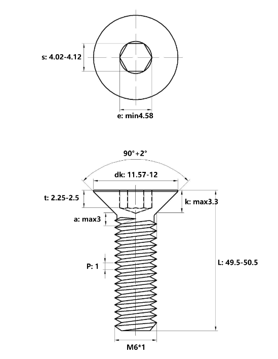 Lục Giác Chìm Col Thép Đen 10.9 DIN7991 M6x50 Ren Lửng_drawing