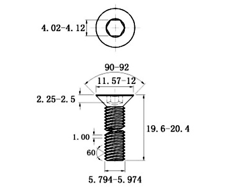 Lục Giác Chìm Col Thép Đen 10.9 DIN7991 M6x20_drawing