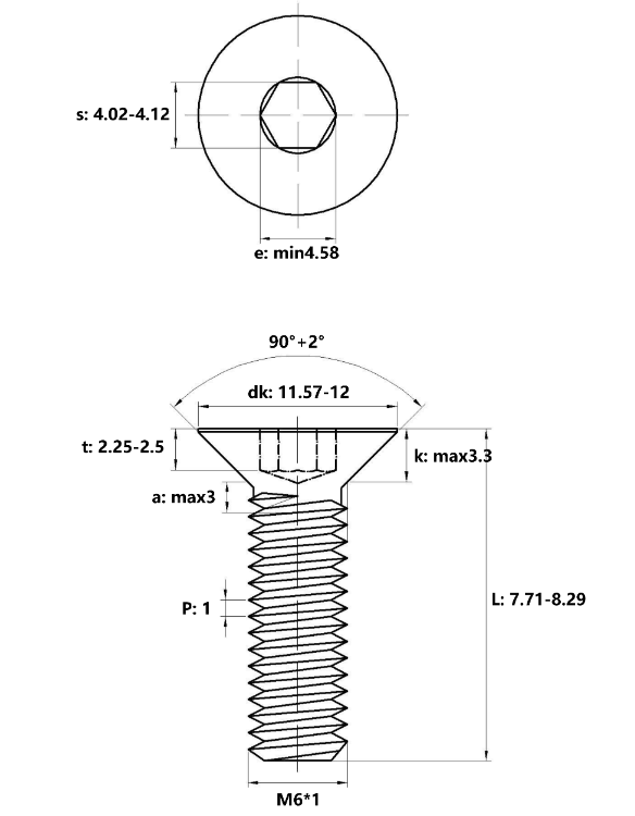 Lục Giác Chìm Col Thép Đen 10.9 DIN7991 M6x8_drawing