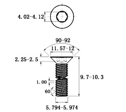 Lục Giác Chìm Col Thép Đen 10.9 DIN7991 M6x10_drawing