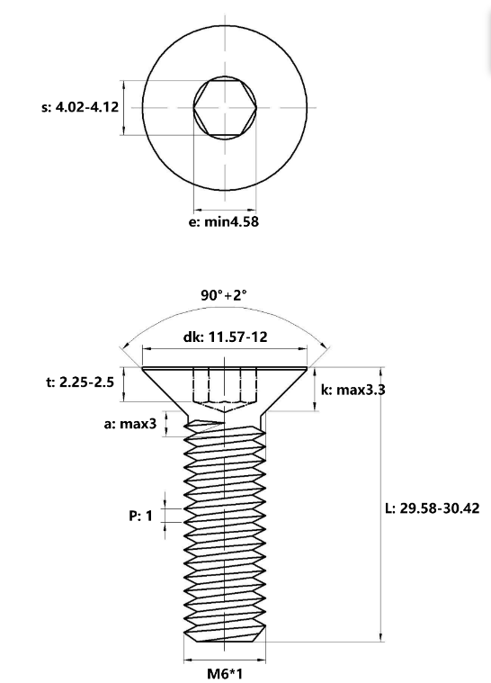 Lục Giác Chìm Col Thép Mạ Kẽm Trắng Cr3+ 10.9 DIN7991 M6x30 (25Cái/Bịch)_drawing