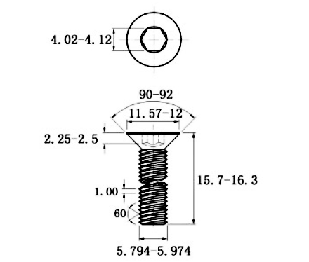 Lục Giác Chìm Col Thép Mạ Kẽm Trắng Cr3+ 10.9 DIN7991 M6x16 (25Cái/Bịch)_drawing