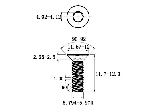 Lục Giác Chìm Col Thép Mạ Kẽm Trắng Cr3+ 10.9 DIN7991 M6x12 (25Cái/Bịch)_drawing