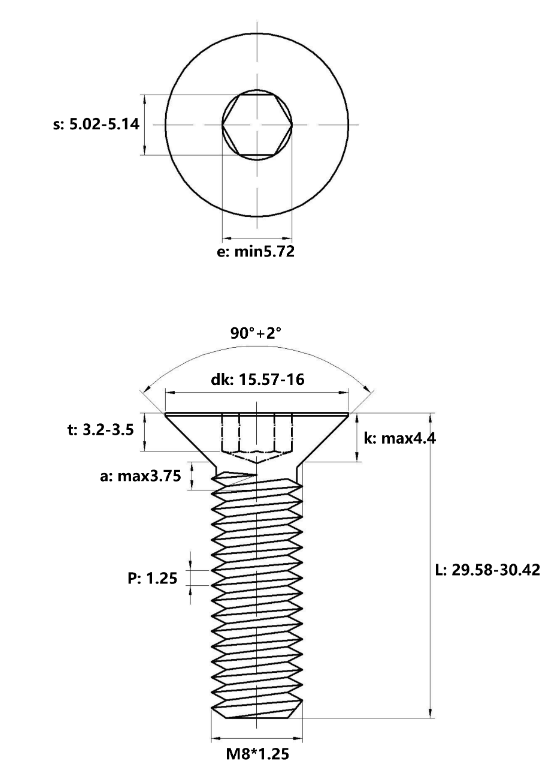 Lục Giác Chìm Col Thép Mạ Kẽm Trắng Cr3+ 10.9 DIN7991 M8x30_drawing