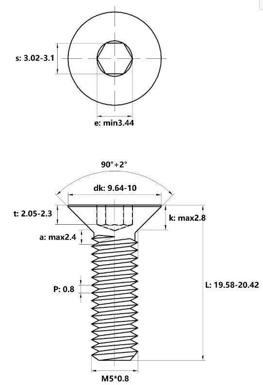 Lục Giác Chìm Col Thép Đen 10.9 DIN7991 M5x20 (50Cái/Bịch)_drawing