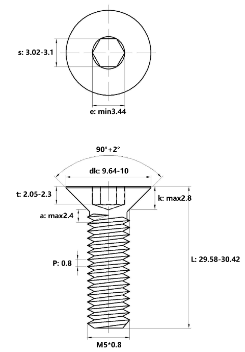 Lục Giác Chìm Col Thép Đen 10.9 DIN7991 M5x30_drawing