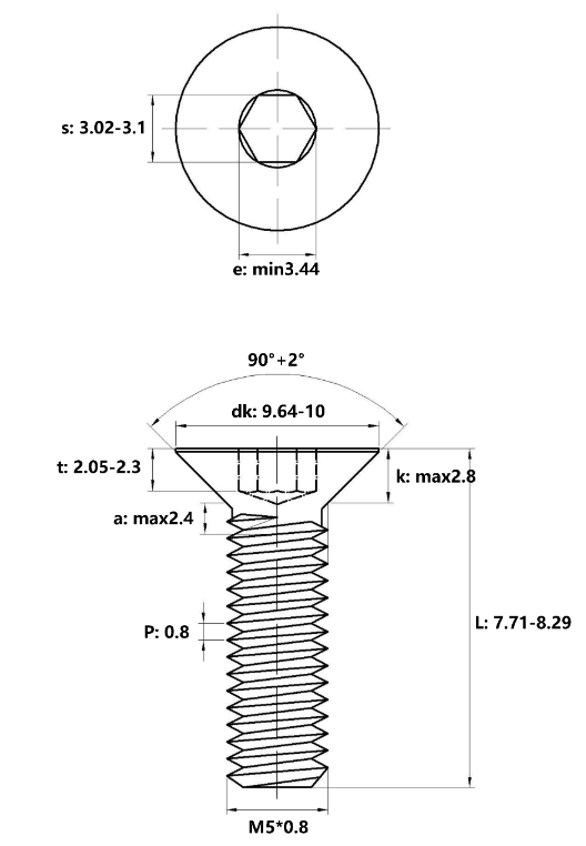 Lục Giác Chìm Col Thép Đen 10.9 DIN7991 M5x8_drawing