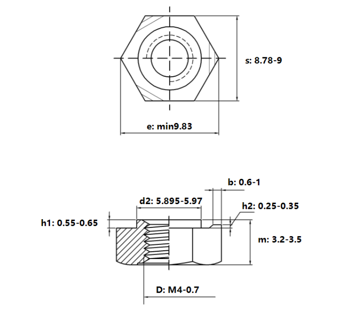 Tán Hàn Lục Giác Thép Mạ Kẽm Trắng Cr3+ DIN929 M4_drawing