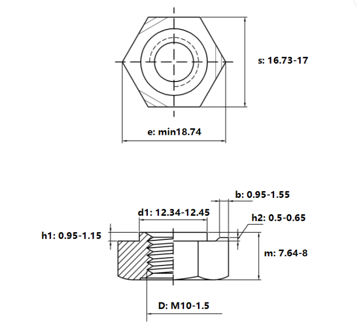 Tán Hàn Lục Giác Thép Mạ Kẽm Trắng Cr3+ DIN929 M10_drawing