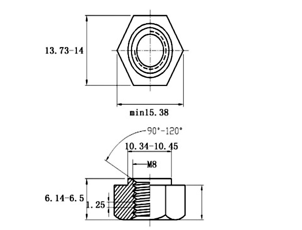 Tán Hàn Lục Giác Thép Mạ Kẽm Trắng Cr3+ DIN929 M8_drawing