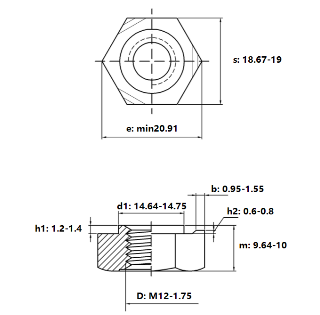 Tán Hàn Lục Giác Thép Mạ Kẽm Trắng Cr3+ DIN929 M12_drawing