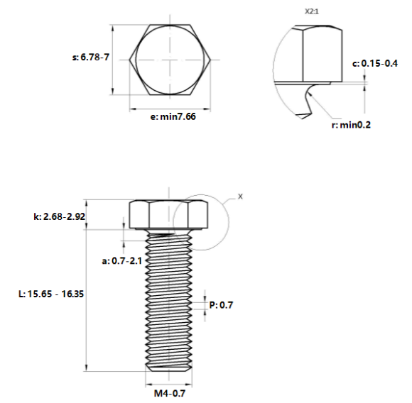 Bulong Mạ Kẽm 8.8 DIN933 M4x16_drawing