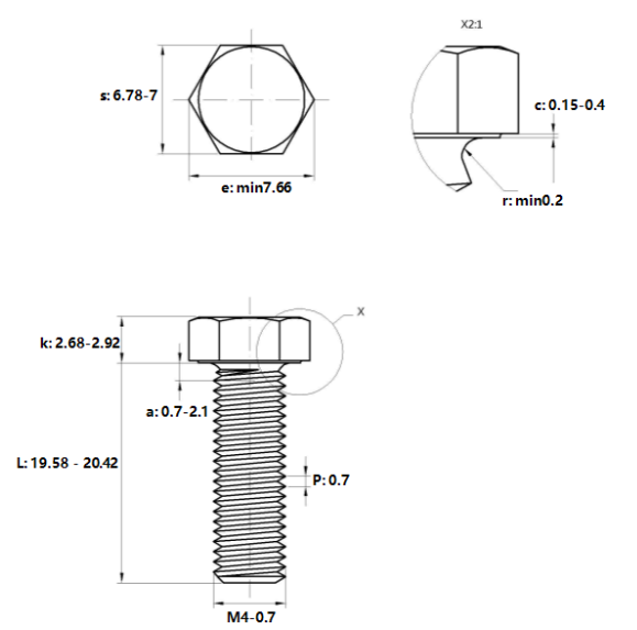 Bulong Mạ Kẽm 8.8 DIN933 M4x20_drawing