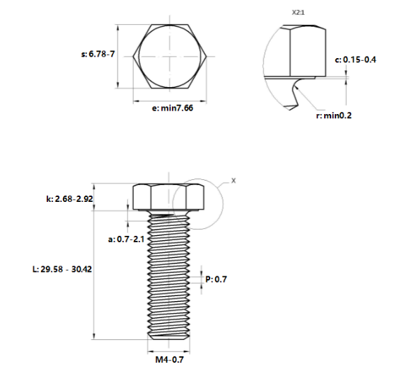 Bulong Đầu Lục Giác Thép Đen 8.8 DIN933 M4x30_drawing