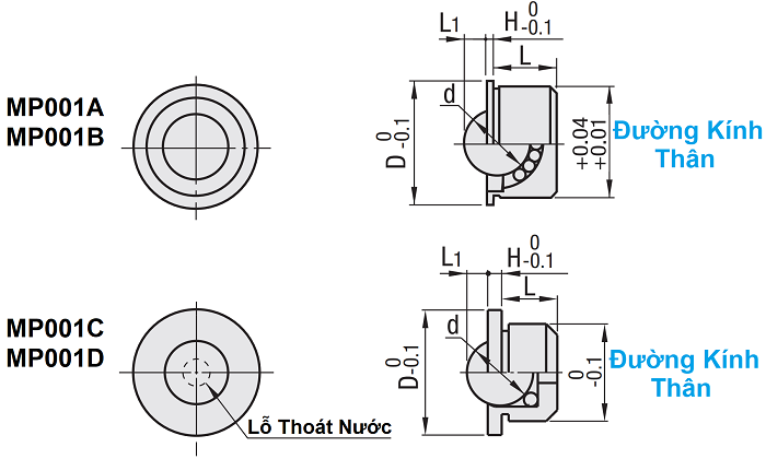 Con Lăn Bi Loại Ép Chặt Thân Inox-Bi Nhựa POM 9mm BCHAJ9_drawing