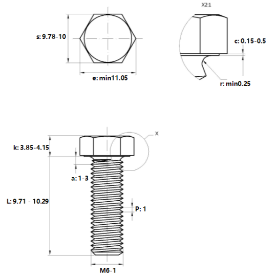 Bulong Mạ Kẽm Trắng Cr3+ 8.8 DIN933 M6x10_drawing