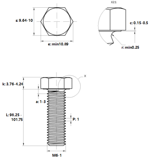 Bulong Mạ Kẽm Trắng Cr3+ 8.8 DIN933 M6x100_drawing
