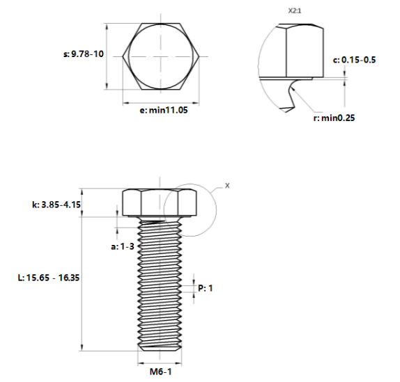 Bulong Mạ Kẽm Trắng Cr3+ 8.8 DIN933 M6x16_drawing