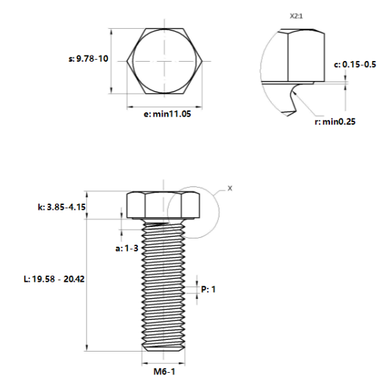 Bulong Mạ Kẽm 8.8 DIN933 M6x20_drawing