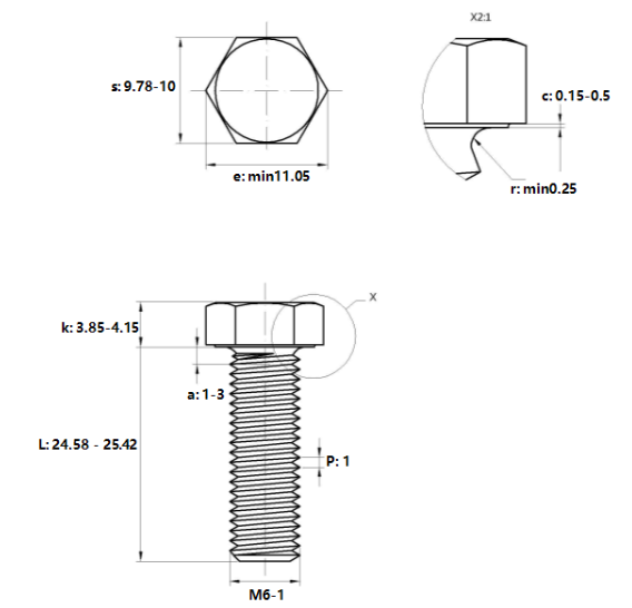 Bulong Mạ Kẽm 8.8 DIN933 M6x25_drawing