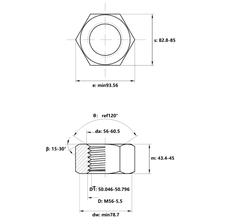 Tán Thép Mạ Kẽm Trắng Cr3+ 8.8 DIN934 M56_drawing