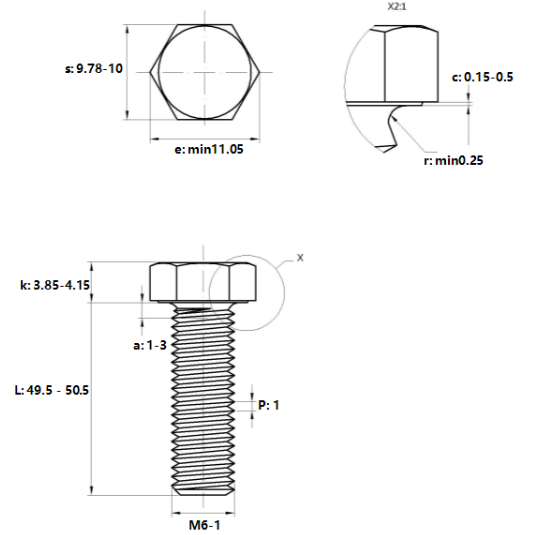 Bulong Mạ Kẽm Trắng Cr3+ 8.8 DIN933 M6x50_drawing