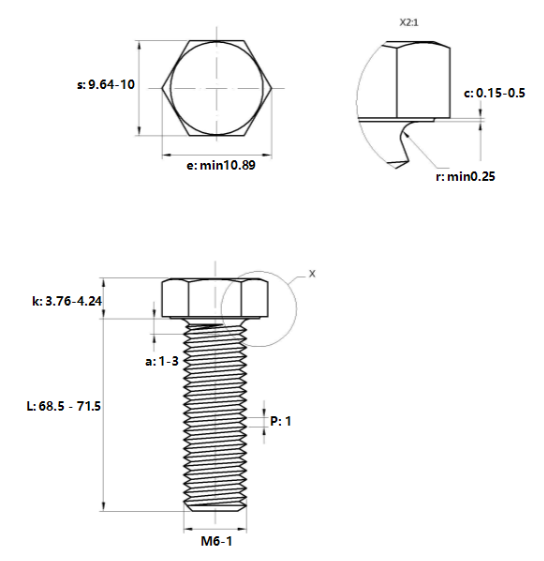 Bulong Mạ Kẽm Trắng Cr3+ 8.8 DIN933 M6x70_drawing