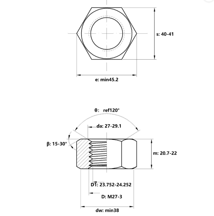Tán Thép Nhúng Nóng Kẽm 8.8 DIN934 M27_drawing