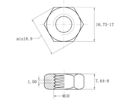 Tán Thép Mạ Kẽm Trắng Cr3+ 10.9 DIN934 M10_drawing