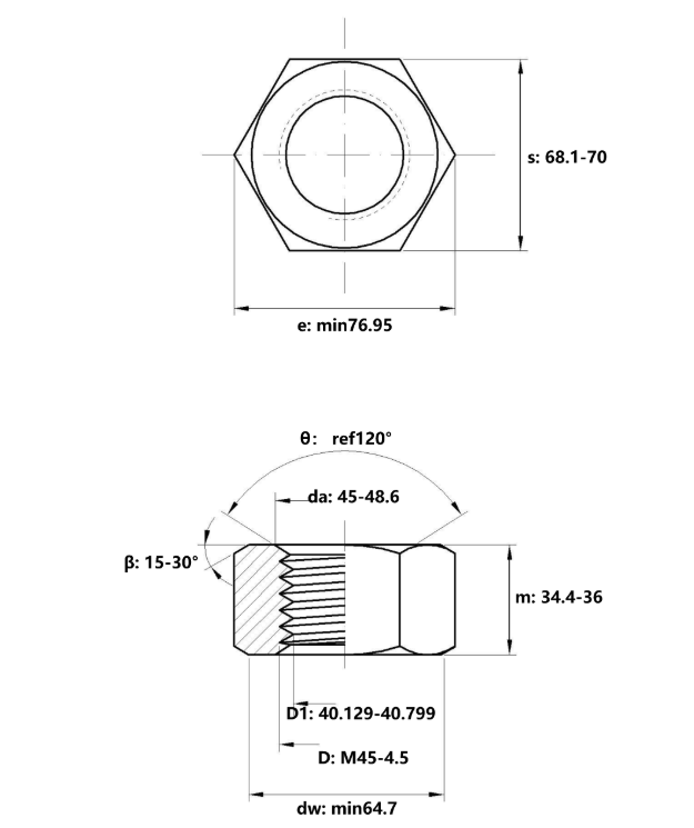 Tán Thép Mạ Kẽm Trắng Cr3+ 8.8 DIN934 M45_drawing