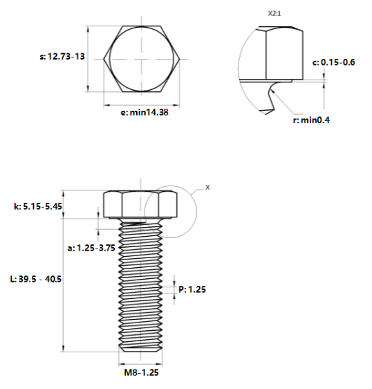 Bulong Mạ Kẽm Trắng Cr3+ 8.8 DIN933 M8x40_drawing