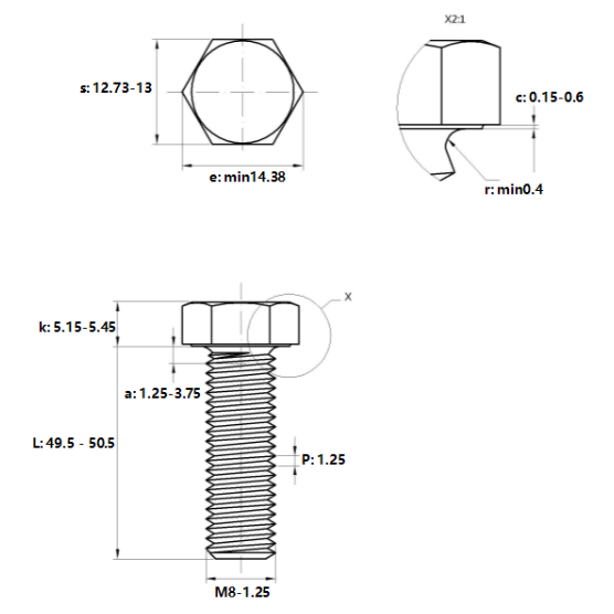 Bulong Mạ Kẽm 8.8 DIN933 M8x50_drawing