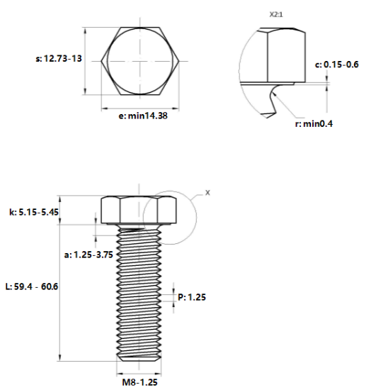Bulong Mạ Kẽm Trắng Cr3+ 8.8 DIN933 M8x60_drawing