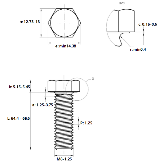 Bulong Đầu Lục Giác Thép Đen 8.8 DIN933 M8x65_drawing